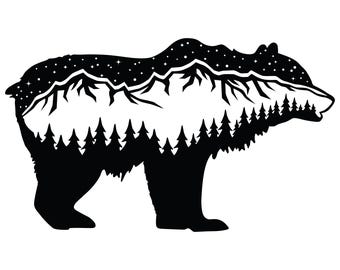 Mountain Bear Silhouette SVG: Night Sky Scene (Digital Files)