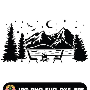 Lake Scene, Campfire, Adirondack Chairs, Lake and Forest Silhouette, Mountain Lake and Campfire Scene SVG, Outdoor Life SVG