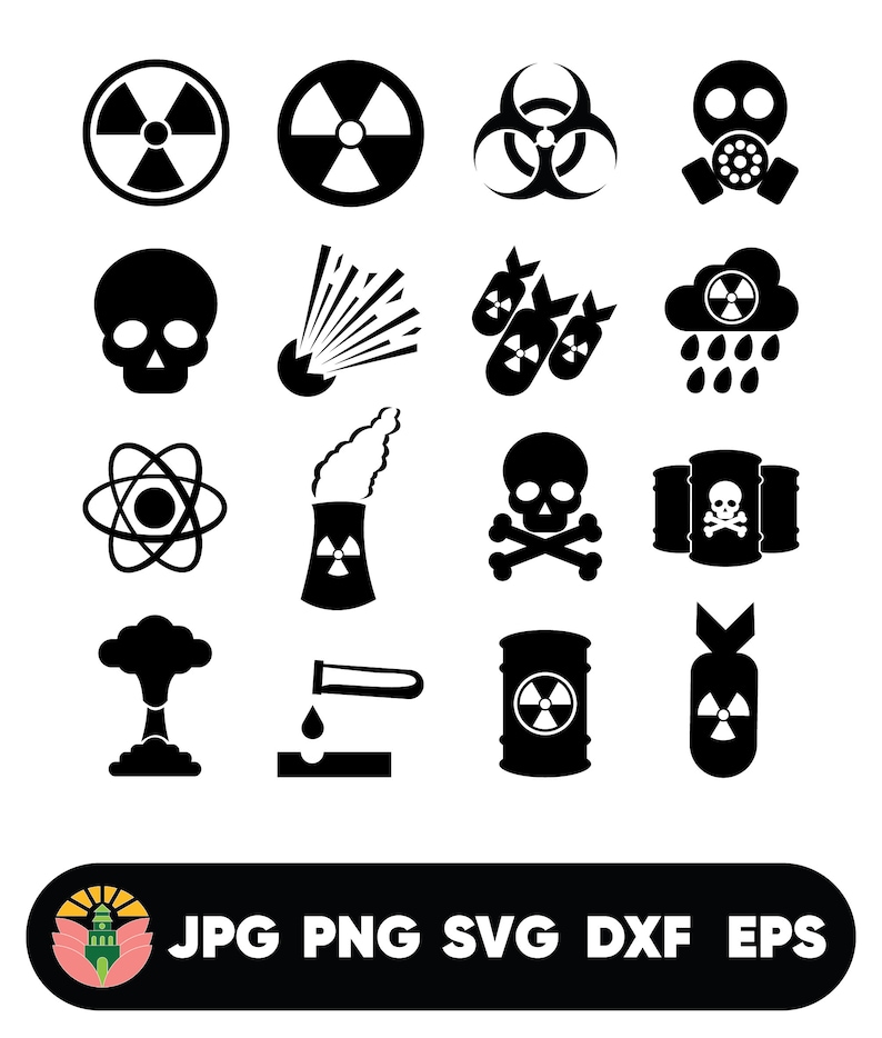 May include: A collection of sixteen black icons featuring hazard symbols including radiation signs, biohazard warnings, gas masks, skulls, bombs, nuclear cooling towers, toxic barrels, and a mushroom cloud, with file formats listed at the bottom.