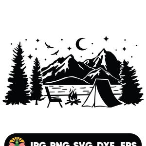 Lake Scene, Campfire, Adirondack Chairs, Lake and Forest Silhouette, Mountain Lake and Campfire Scene SVG, Outdoor Life SVG