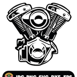 Pode incluir: Ilustração a preto e branco de um motor de motocicleta. O motor tem um componente central circular com dois cilindros de cada lado. A imagem inclui o texto "JPG PNG SVG DXF EPS" numa faixa preta.