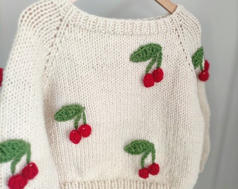 Cherry chunky jumper, cropped knit sweater, boxy style pullover