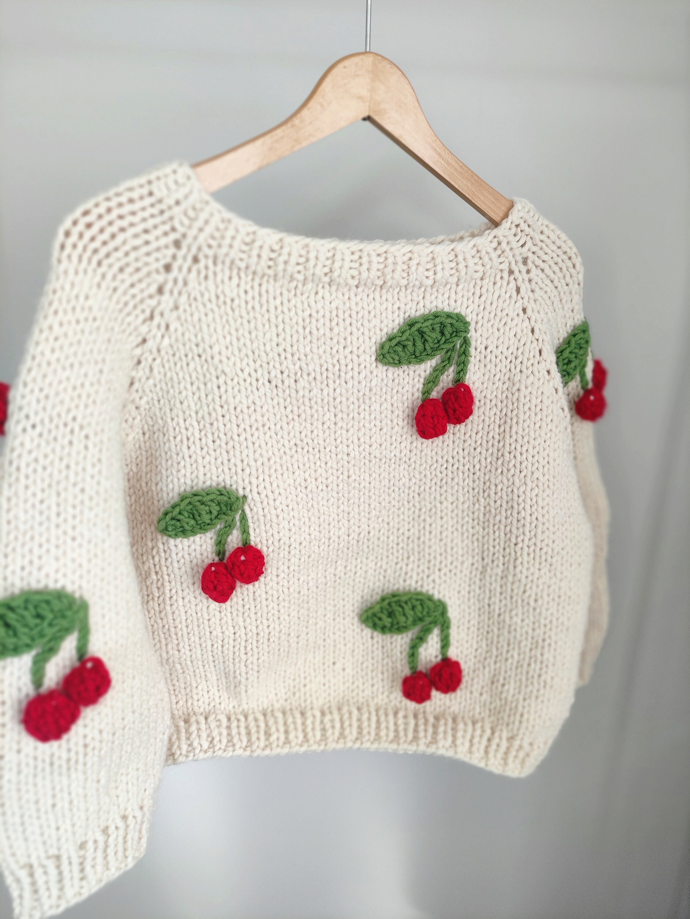 Red Cherry Cardigan, Crop Chunky Sweater, 3D Cherry Crochet