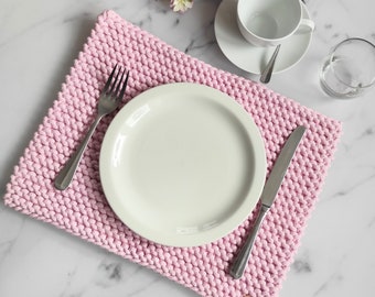 Knitted Placemats set of 4, Knit Placemats, Modern Placemats, Pink Placemats Set, Table Decor, Boho Home Decor