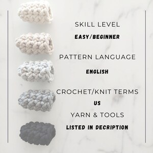 May include: Five crocheted finger puppets in different colors, including beige, gray, and black. The image includes text that reads "Skill Level: Easy/Beginner", "Pattern Language: English", "Crochet/Knit Terms: US", and "Yarn & Tools: Listed in Description".