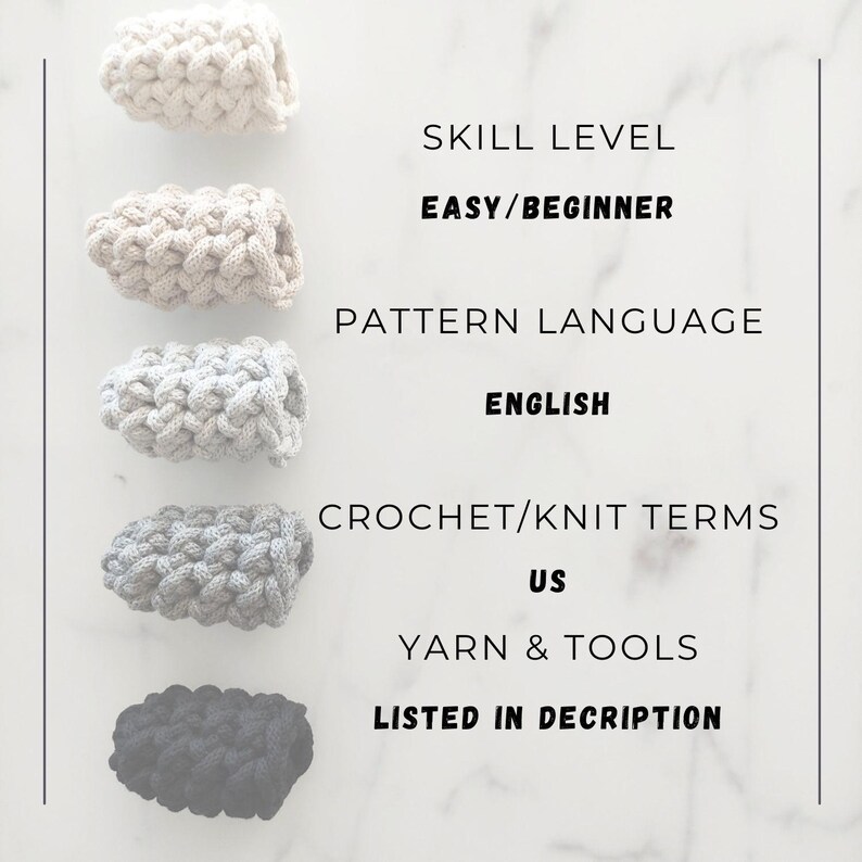 May include: Five crocheted finger puppets in different colors, including beige, gray, and black. The image includes text that reads "Skill Level: Easy/Beginner", "Pattern Language: English", "Crochet/Knit Terms: US", and "Yarn & Tools: Listed in Description".