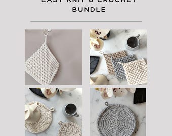 Knit and Crochet Pattern Bundle: Coaster, Potholder, HotPad, Farmhouse Trivets with Loop (PDF Download)
