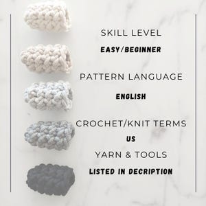 May include: Five crocheted items in shades of white, beige, and grey, with a dark grey item at the bottom. The text indicates an easy skill level, English pattern language, and US crochet terms. Yarn and tools are listed in the description.