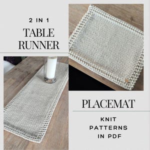 Op de afbeelding: Breipatroon voor een tafelkleed en een placemat. Het patroon is beschikbaar in PDF-formaat. De tafelkleed en de placemat zijn beide licht beige van kleur.