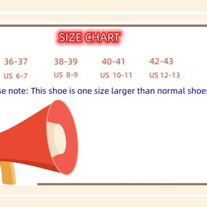 May include: A shoe size chart with US sizes 6-7, 8-9, 10-11, and 12-13, corresponding to European sizes 36-37, 38-39, 40-41, and 42-43. The chart includes a red megaphone graphic and text indicating the shoe runs one size larger.