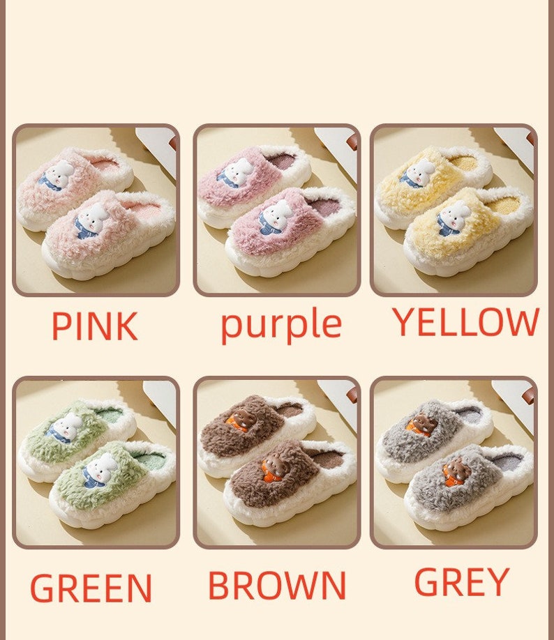 May include: A selection of six pairs of plush slippers in various colors: pink, purple, yellow, green, brown, and grey. Each slipper features a cartoon bear design and the color name is printed below each pair.