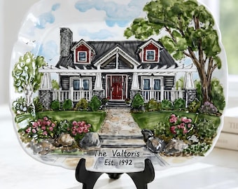 Custom House Portrait Ceramic Platter, Personalized Family Name Plate, New Home Gift, Realtor Closing Gift, Housewarming Keepsake P7252U00