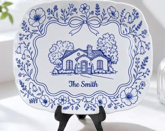 Personalized House Portrait Platter, Custom Family Name Plate, Blue and White Ceramic Wedding Gift, New Home Housewarming Keepsake P7293F50