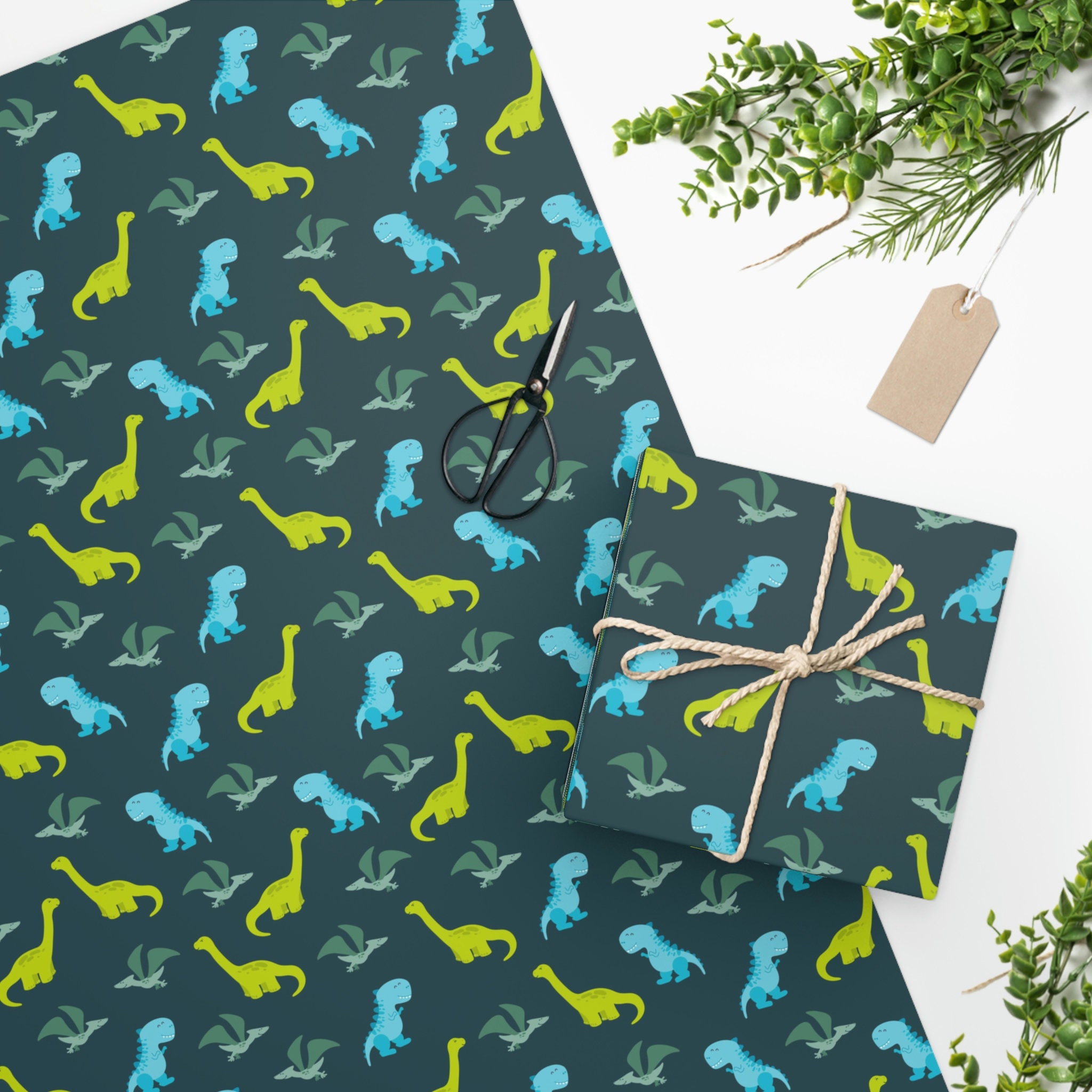 Dinosaurs Blue and Green Wrapping Paper 