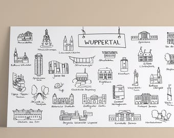 XXL-Postkarte Sehenswürdigkeiten / Schwebebahn & Wuppertal / Illustration, Zeichnung, Grußkarte / Souvenir