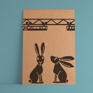 Postkarte Ostern / Schwebebahn & Wuppertal / Grußkarte mit Illustration Hasen