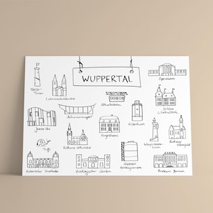 Postkarte Sehenswürdigkeiten / Schwebebahn & Wuppertal / Illustration, Zeichnung, Grußkarte /  Mutter, Vater, Freundin, Mann, Schwester
