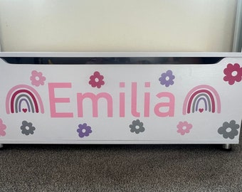 Larger Wooden Personalised Toy Box / Boho Rainbows / Flowers / Dinosaurs / Safari Animals / Gift / Boy / Girl