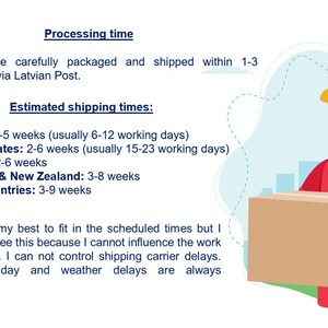 May include: A graphic illustration of a delivery person wearing a red shirt and a yellow cap, holding a brown cardboard box. The image includes text detailing processing times, estimated shipping times for various regions, and a disclaimer.
