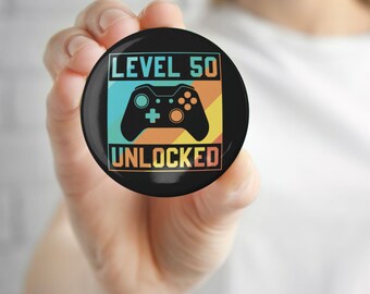 50th Birthday Level 50 Unlocked Pin, Retro Gamer Design in Three Sizes