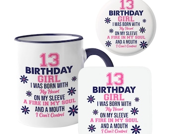 13th Birthday Girl Mug Coaster Badge Set, Teen Gift