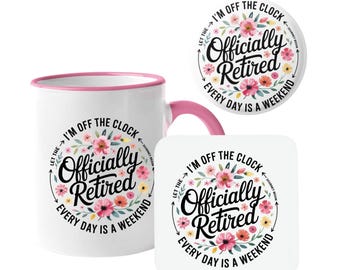 Retirement Mug, 11oz Ceramic with Pink Handle, Floral Teacher Gift