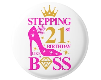 21e verjaardagsbadge roze en goud | Milestone-feestspeld voor Celebrant