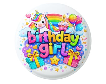Verjaardagsbadge meisje eenhoornspeld, regenboogfeestaccessoire