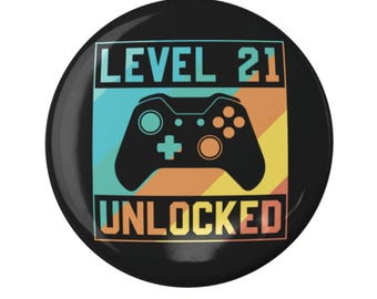 Level 21 Gamer Party Favor, 21st Birthday Pin Badge