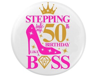 Roze 50e verjaardagsbadge, mijlpaalfeestspeld voor haar