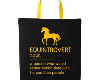 Horse Tote Bag, Black Cotton 150gsm With Yellow Handles