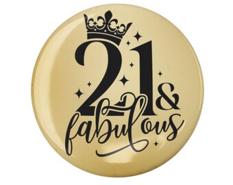 21St Birthday Badge, Gold And Black Design with Metal Pin Back