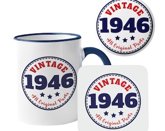80th Birthday Vintage 1946 Milestone Gift, Mug Coaster Badge Set