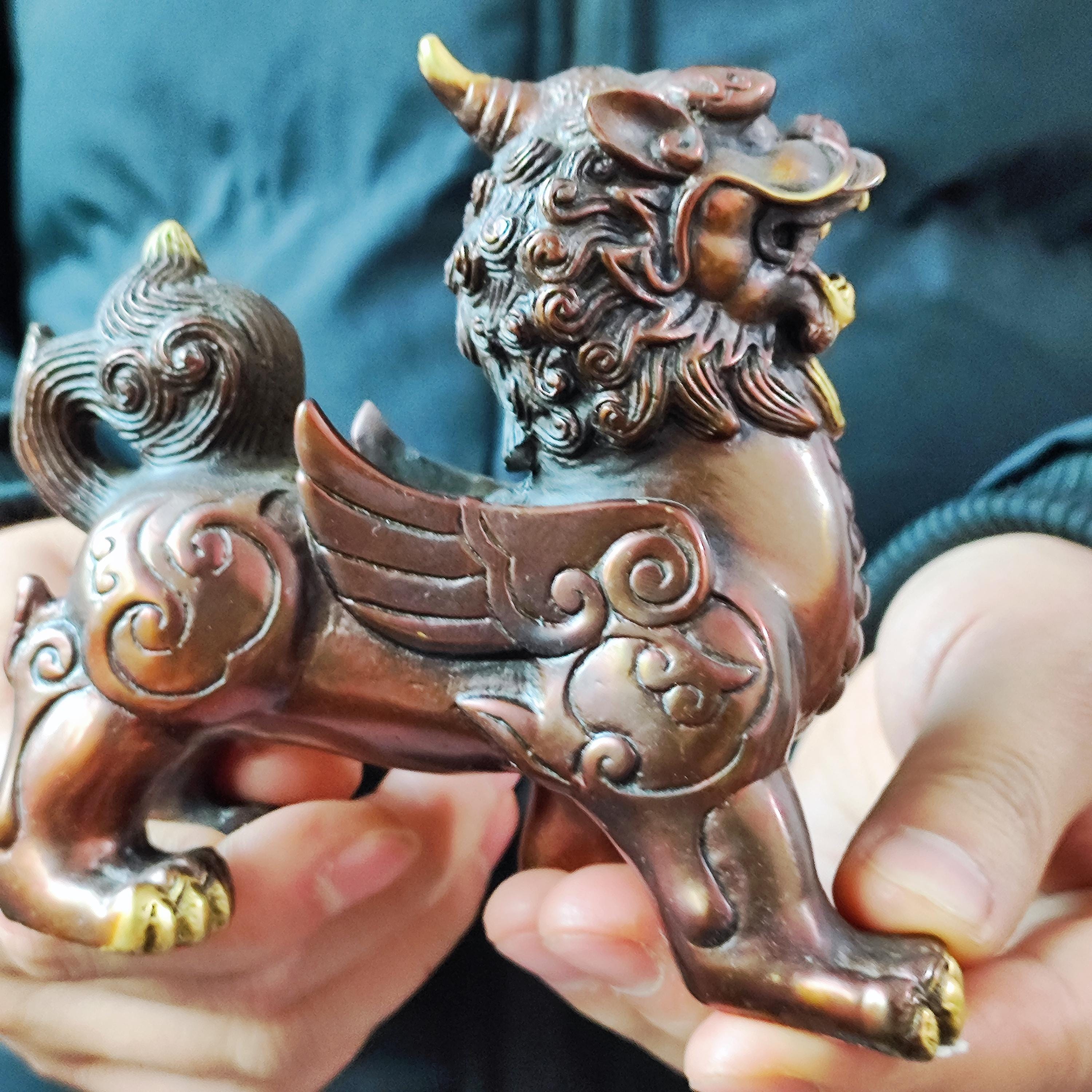 2PCS Copper Bronze Flying Pixiu Statue,winged Qinlin Dragon