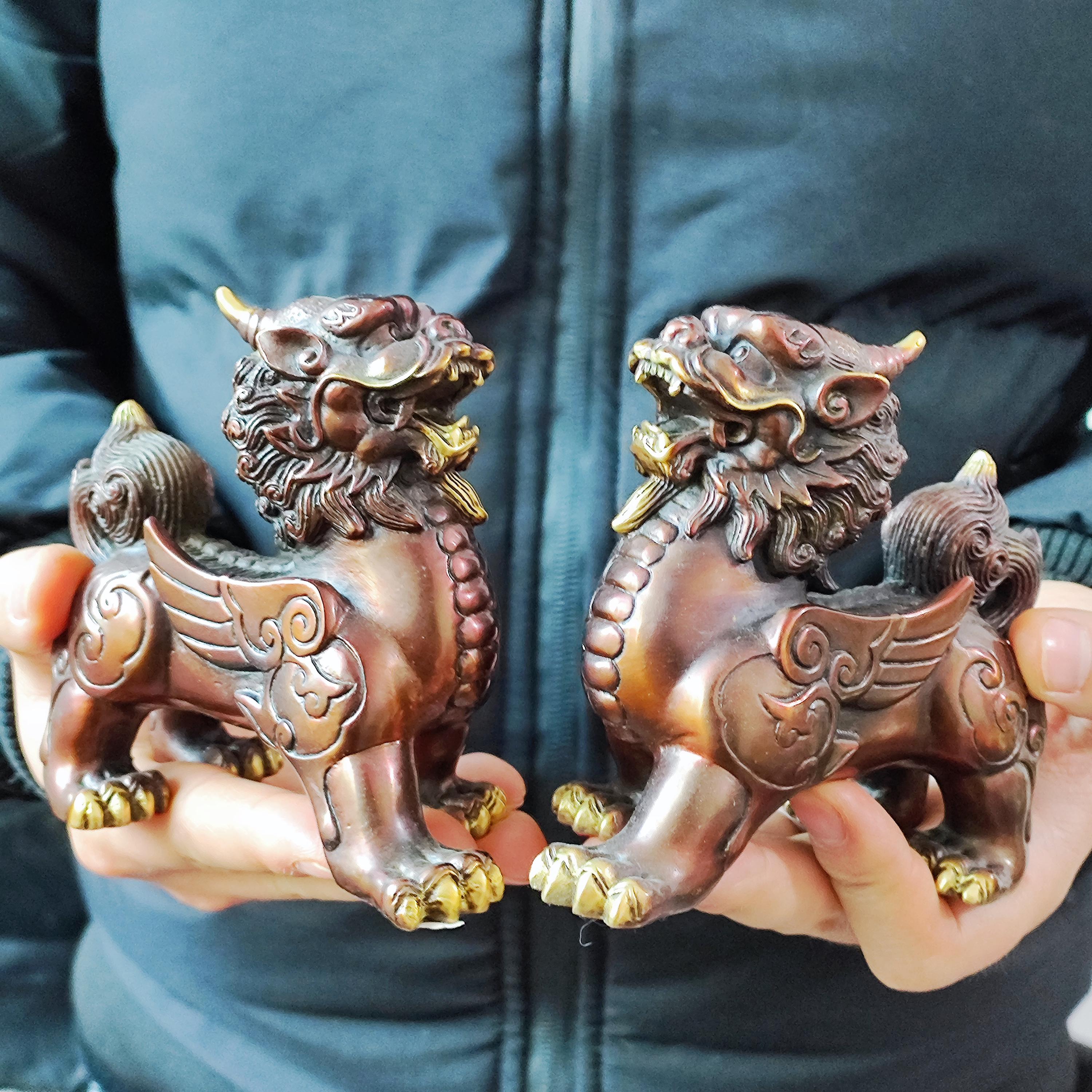 2PCS Copper Bronze Flying Pixiu Statue,winged Qinlin Dragon
