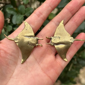 Puede incluir: Dos figuras de manta rayas de color bronce. Cada figura tiene un diseño detallado con estructuras en forma de ala y una superficie texturizada. Las rayas se muestran en una mano, mostrando su tamaño y su intrincada artesanía. El fondo está borroso.
