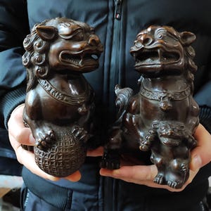 Asian Copper Evil Fu Foo Dog Lion Statue Pair Signed, Old Antiques Chinese Bronze Fu Foo Dog Guardian Lion Statues, Marked FengShui wealth