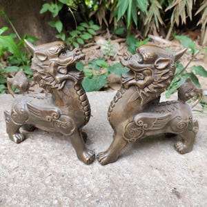 A Pair Brass  PiXiu DiTing Beast Ornament DiTing Miniature Brass Nepal Mythological Creature Foo Dog Lion Feng shui Decor Ancient bronze