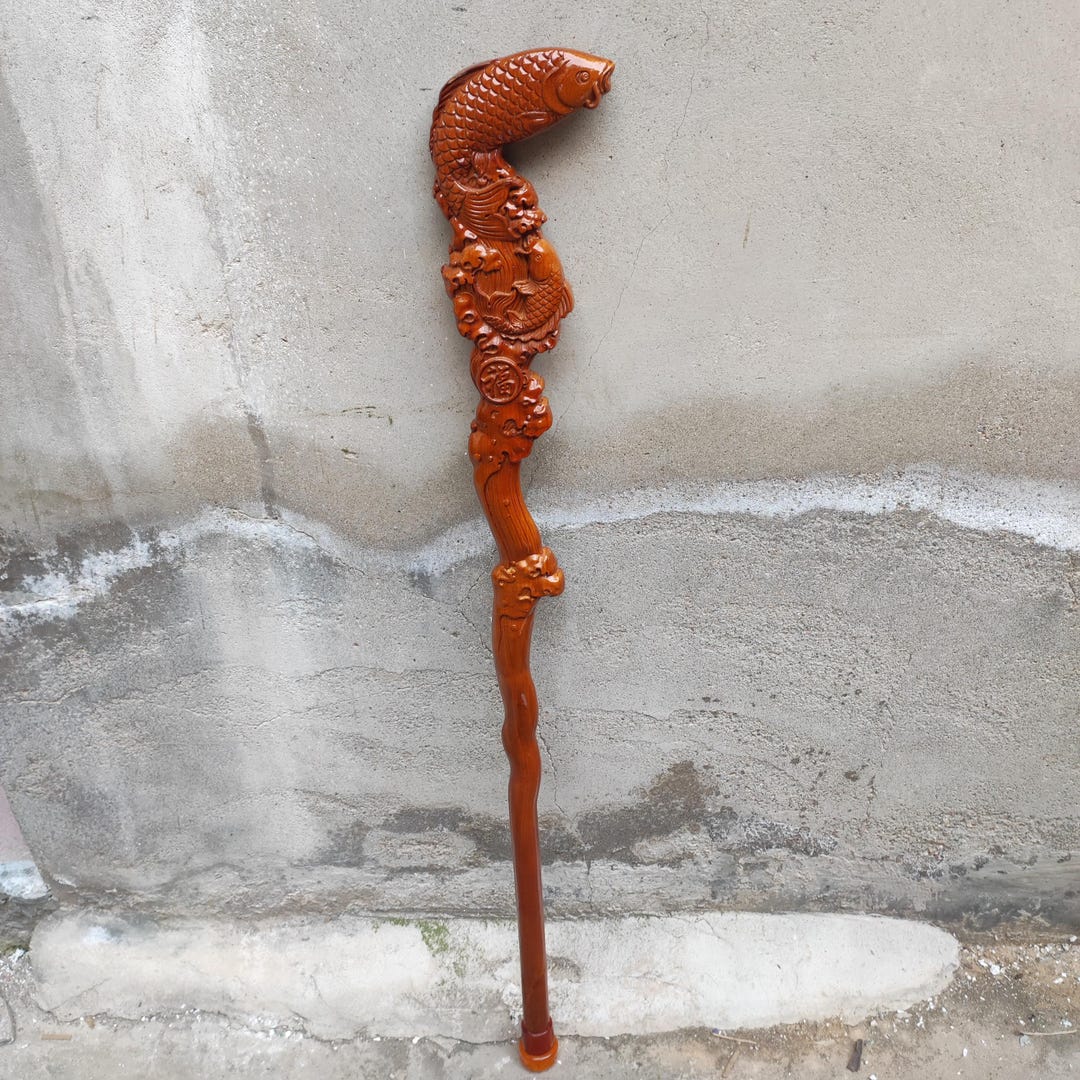 Solid Wood Unique Fish Cane Walking Stick Hand Carved Fish Crutch Cane ...
