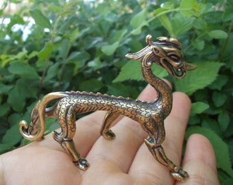 Vtgbrasslover Vtg Estilo vintage latón dragón de la suerte Estatua Fortuna animal figura té mascota pisapapeles juguete regalo Arte coleccionable