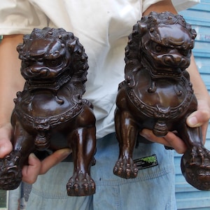 A pair huge Vtgbrasslover Vtg Vintage style Auspicious Foo Dog Door Lion Leo Animal,lion foo dogs Wealth animal Housewarming Congratulatory