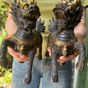 Pair of Copper Feng Shui Chi Lin QiLin Kei Loons Dragon Horse Heavenly Unicorn,Wealth Porsperity Pair of Fu Foo Dogs Guardian Lion Statues