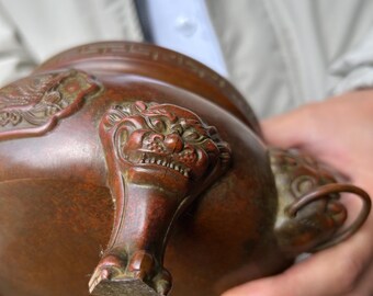 アンティーク銅製鳳凰レリーフ香炉ホルダー三脚狛犬獅子三本足チベット