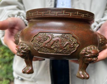 アンティーク銅製鳳凰レリーフ香炉ホルダー三脚狛犬獅子三本足チベット