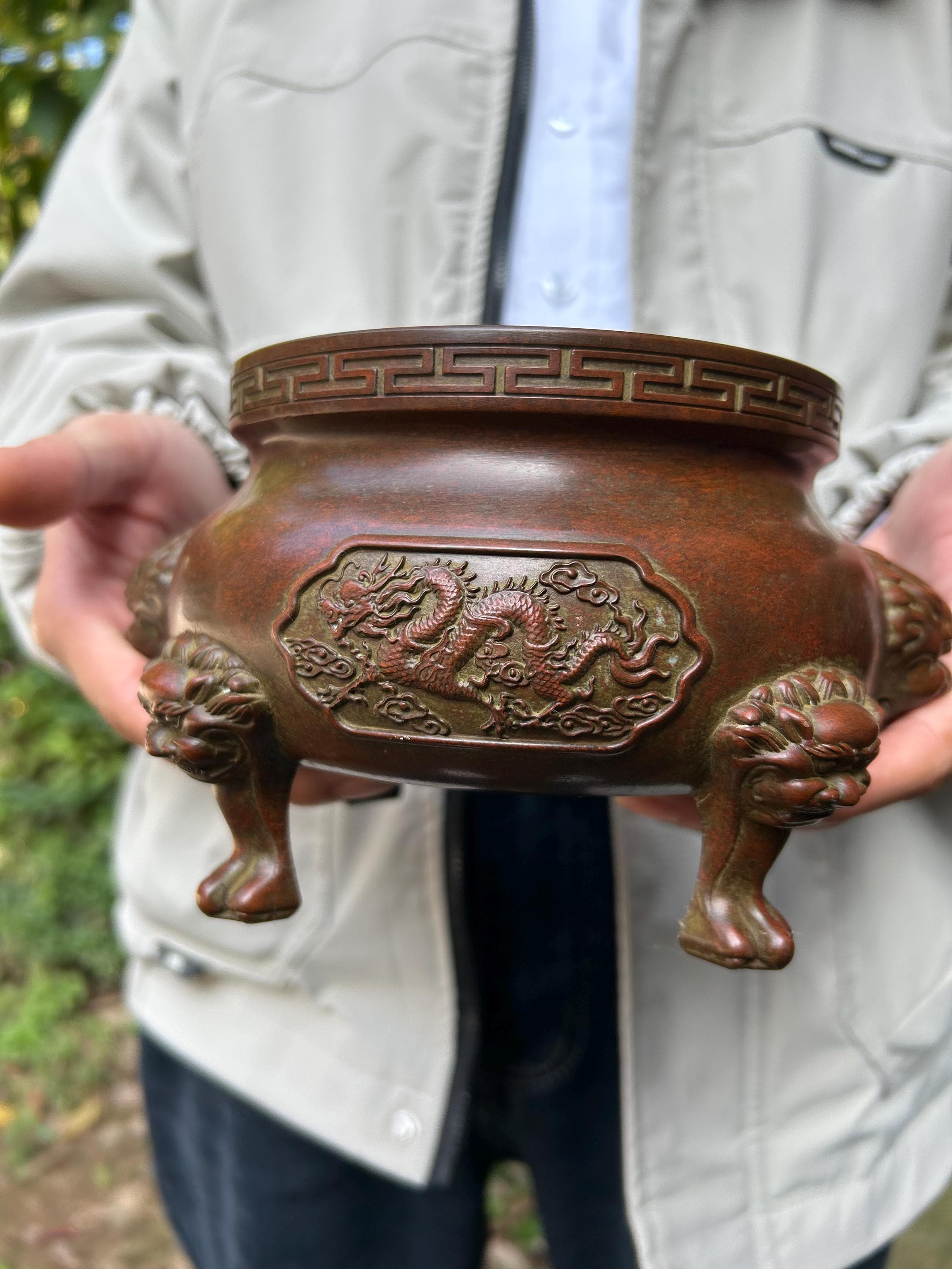 アンティーク銅製フェニックスレリーフ香炉ホルダー三脚フードッグ