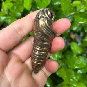 Könnte beinhalten: Eine bronzefarbene Skulptur einer Puppe, gehalten in einer Hand vor grünem Laub. Die Puppe weist detaillierte Oberflächenmuster und eine kleine Schlaufe oben auf. Die Farbe der Skulptur ist eine Mischung aus Gold und Braun.
