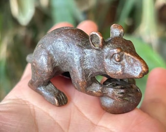 Vintage Brass Mouse Figurine Holding Object Home Desk Ornament Decoration
