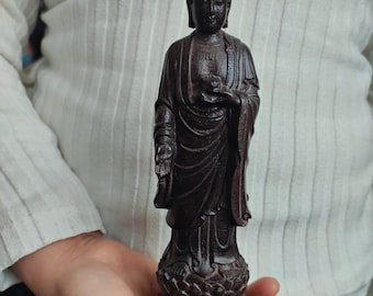 Tibet Wooden buddha statue, Vintage Hand Carved Wood Monk figurine,car decor wood carving Collectible tara Prayer Box , Meditation Zen Decor