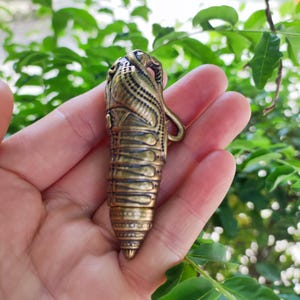 Puede incluir: Colgante de latón de estilo antiguo con forma de cobra. El colgante presenta intrincados patrones grabados y un lazo en la parte superior para colgarlo. La cabeza de la cobra está levantada y el cuerpo está segmentado. El fondo es follaje verde borroso.
