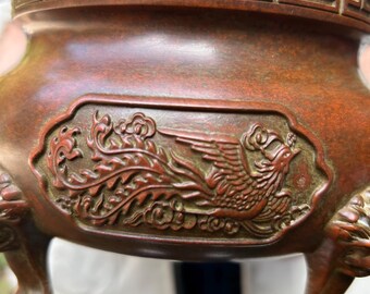 アンティーク銅製鳳凰レリーフ香炉ホルダー三脚狛犬獅子三本足チベット